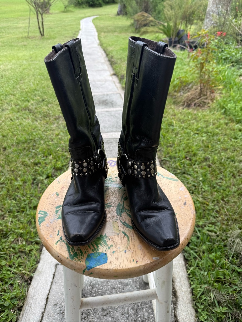 GUESS Black Leather Mid-Calf Studded Lace-Up Boots